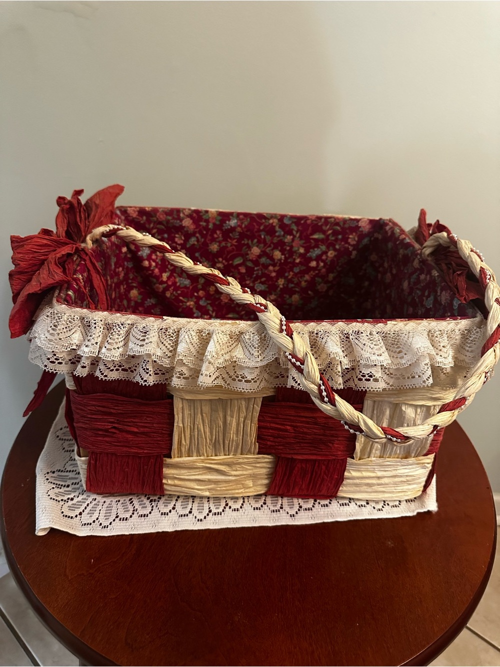 Vintage Shabby Chic Red and Cream Woven Storage Basket cottagecore